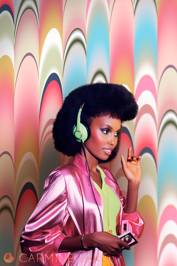 Woman with afro hairstyle wearing green headphones and pink satin jacket against colorful retro-patterned wall wallpaper design