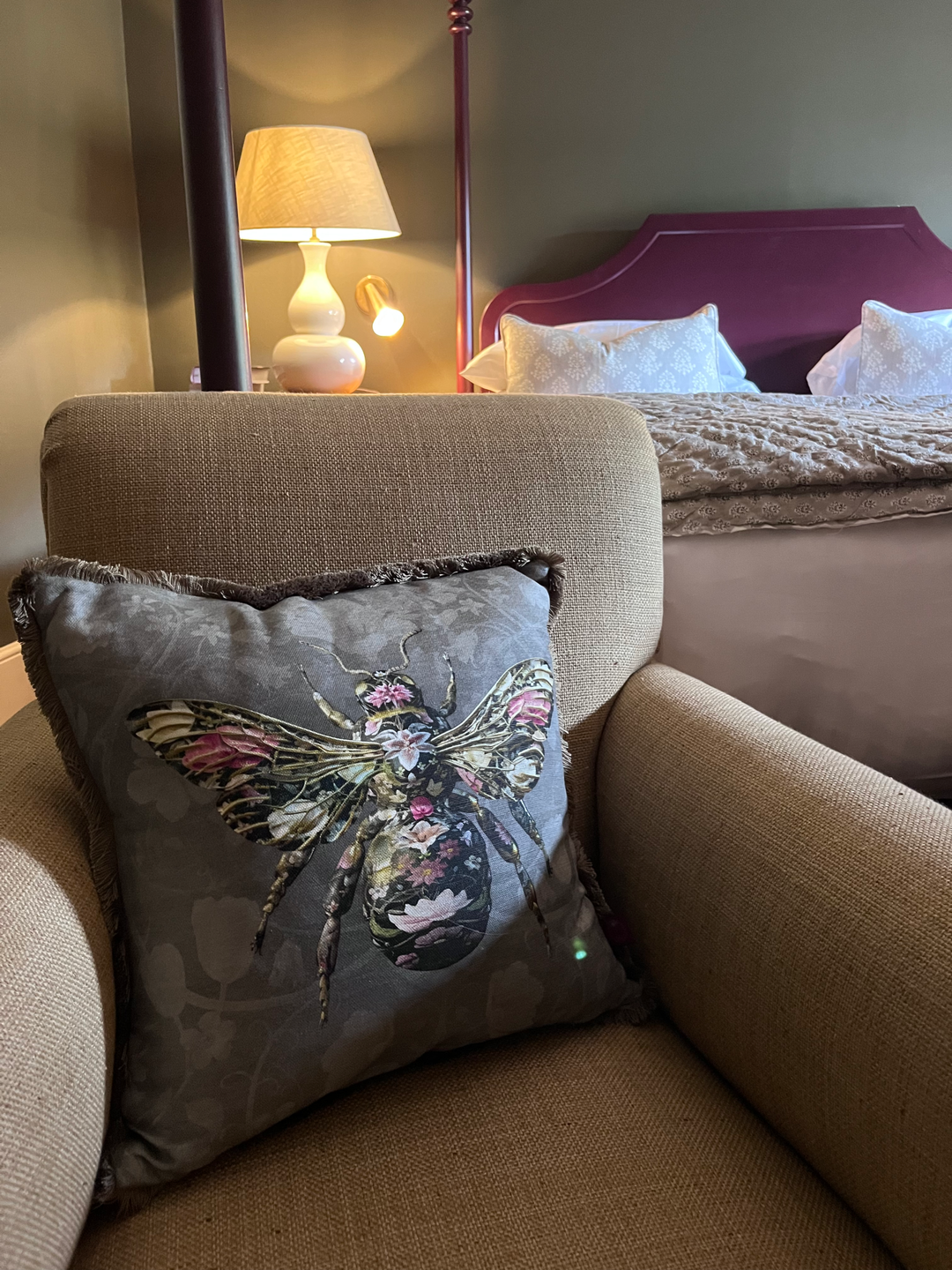 Bombus Botanicus Grey Linen Fringed Cushion