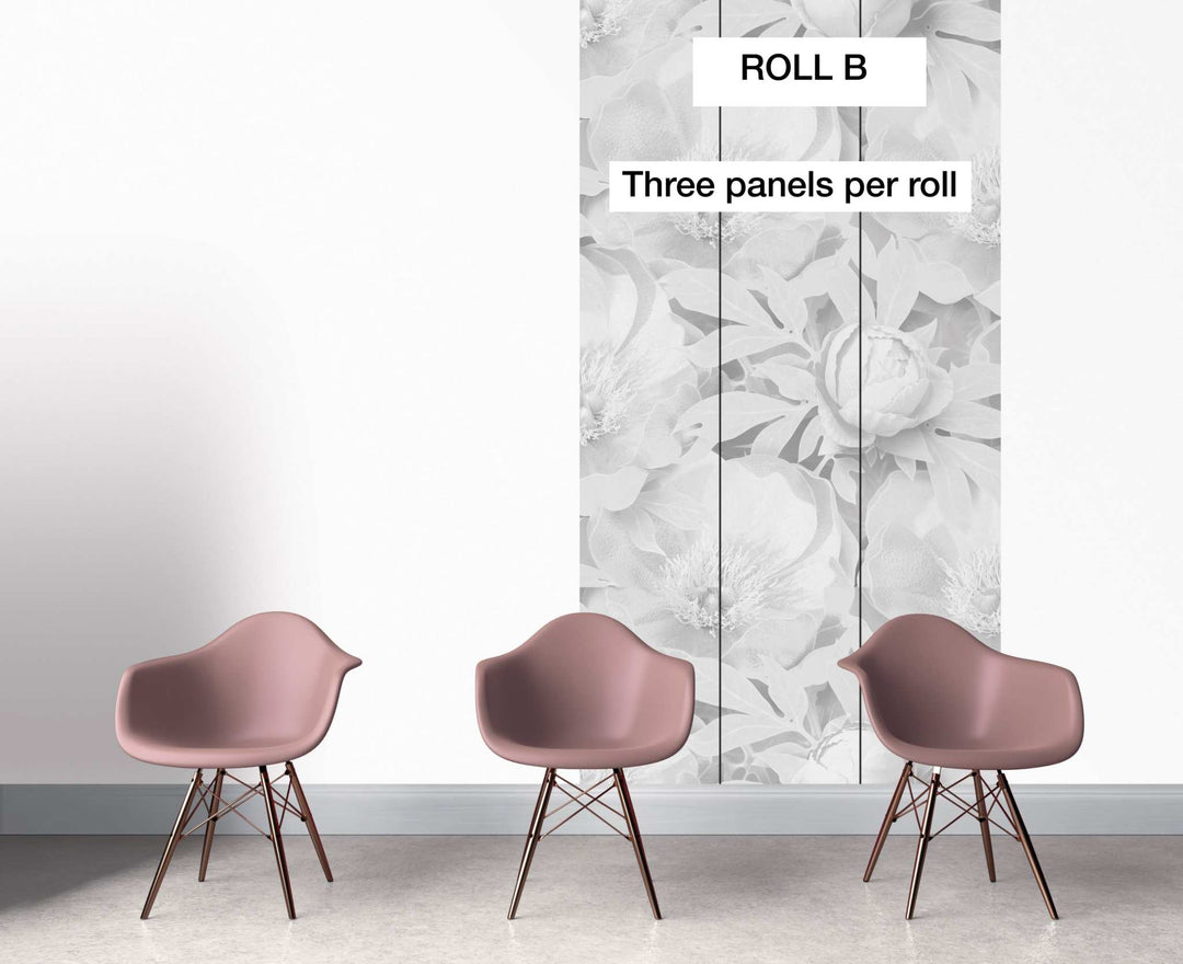 Peony - SUPERSIZED wallpaper with detailed, large peony floral design in soft grayscale behind three pink modern chairs