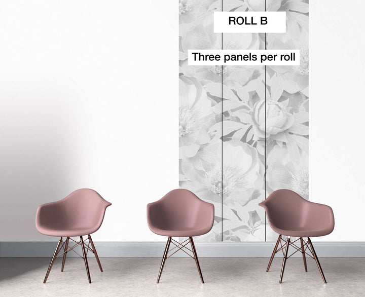 Peony - SUPERSIZED wallpaper with detailed, large peony floral design in soft grayscale behind three pink modern chairs