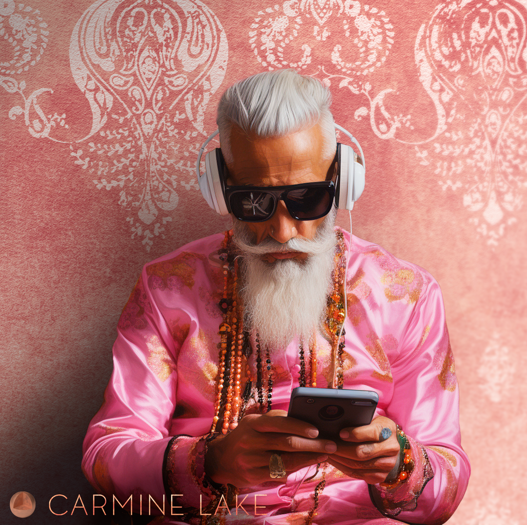 Elderly man in sunglasses and headphones with white beard wearing pink robe against distressed walls wallpaper with ancient temple motif