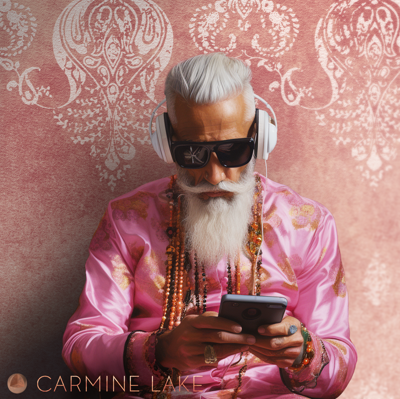 Elderly man in sunglasses and headphones with white beard wearing pink robe against distressed walls wallpaper with ancient temple motif