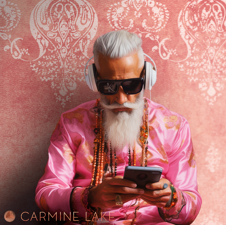 Elderly man in sunglasses and headphones with white beard wearing pink robe against distressed walls wallpaper with ancient temple motif