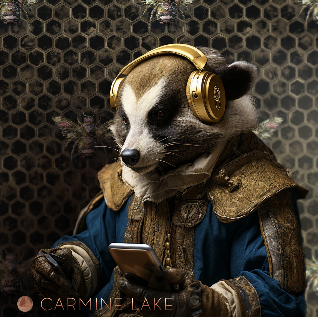 Luxury Bee Wallpaper with dark hexagonal bee pattern behind raccoon wearing gold headphones and ornate clothing