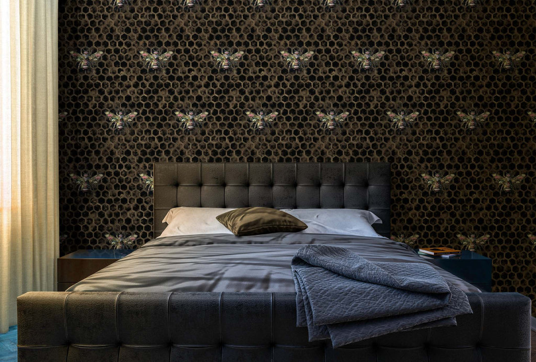 luxury bee wallpaper dark hexagonal pattern with bees in elegant bedroom setting