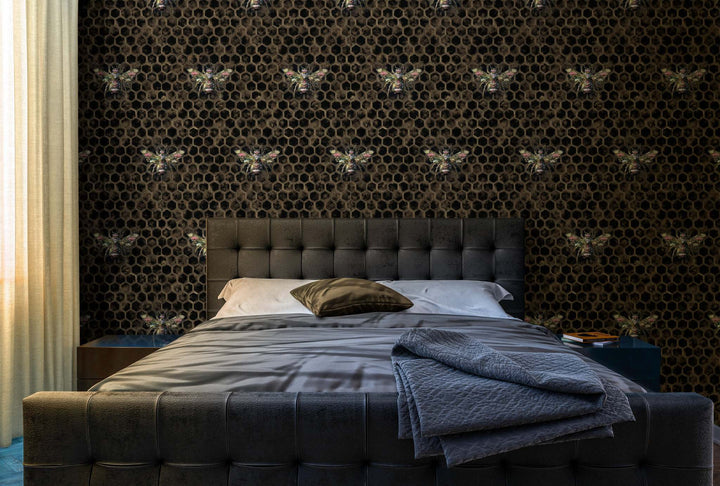 luxury bee wallpaper dark hexagonal pattern with bees in elegant bedroom setting