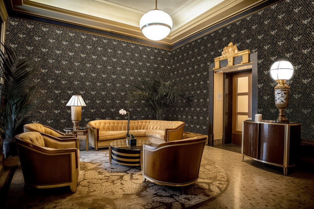 Luxury Bee Wallpaper in a stylish living room with dark hexagonal bee pattern and elegant vintage furniture