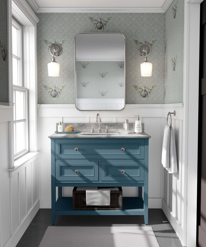 Luxury bumble bee wallpaper with blue bumble bee design in a bathroom setting