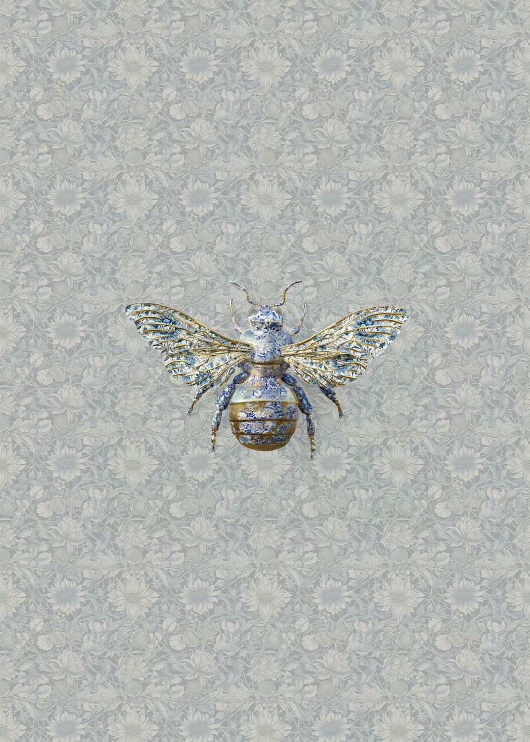 Luxury bumble bee wallpaper with detailed bee illustration on subtle floral background in Delft Bombus Mist design