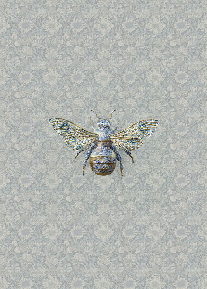 Luxury bumble bee wallpaper with detailed bee illustration on subtle floral background in Delft Bombus Mist design