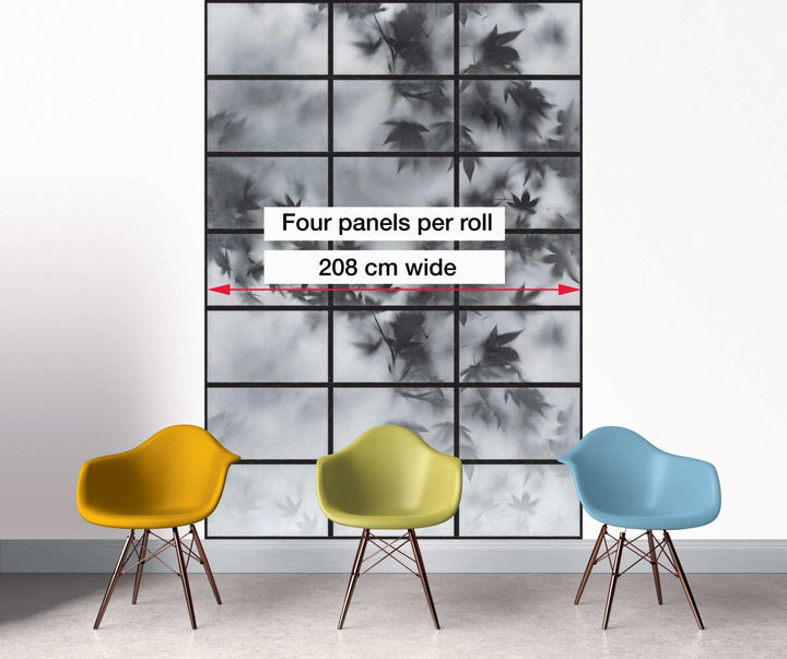 Japanese screen effect wallpaper with black and white diffused maple leaf design behind geometric grid, four panels wide, displayed with colorful modern chairs