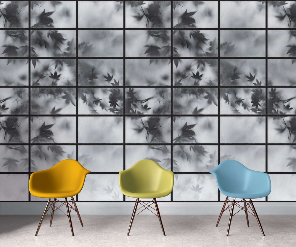 Japanese Screen Effect Wallpaper with black and white shoji screen design and maple leaves behind grid pattern