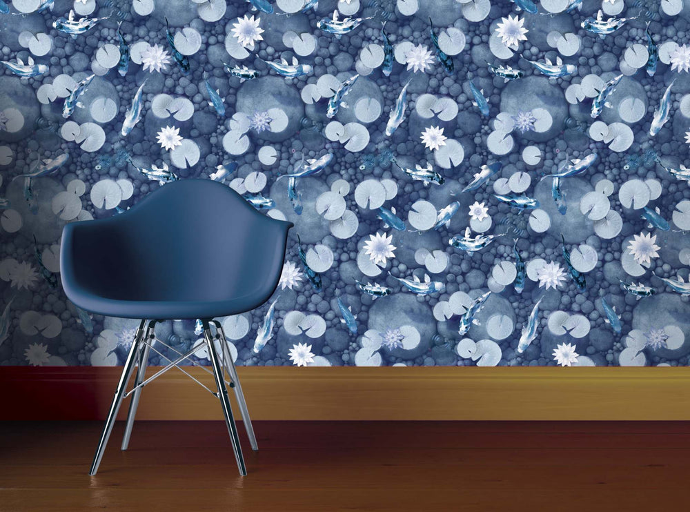 Koi Carp Fish Wallpaper : "Make a Wish" in Petrol colourway