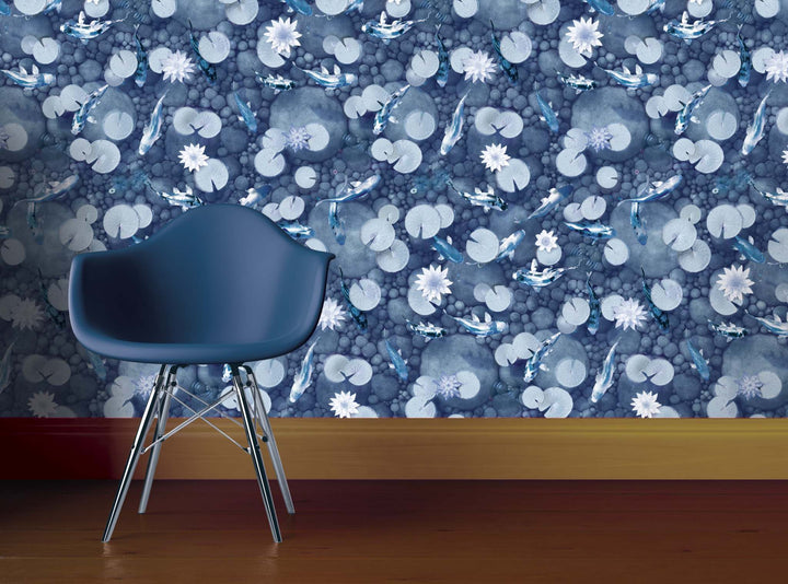 Koi Carp Fish Wallpaper : "Make a Wish" in Petrol colourway