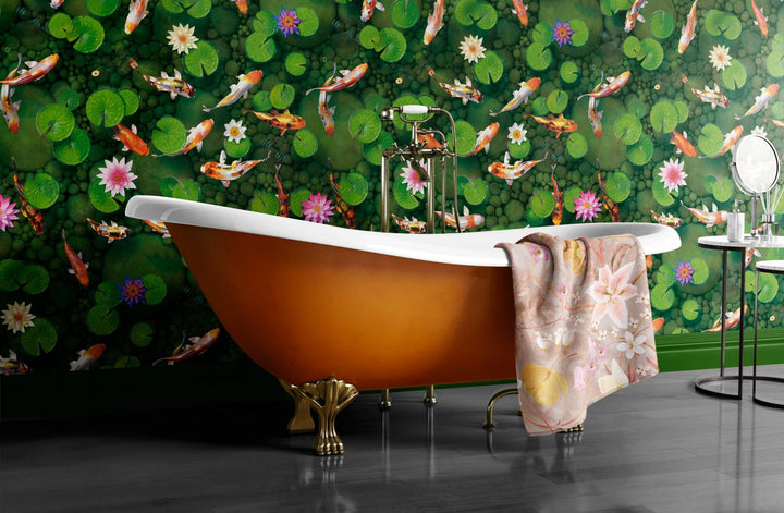 Bathroom with orange clawfoot tub and green koi carp fish wallpaper with lily pads and flowers