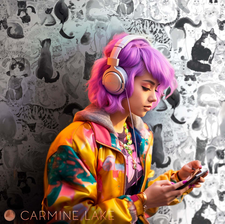 Person with purple hair wearing headphones and colorful jacket using phone against black and white cat wallpaper background