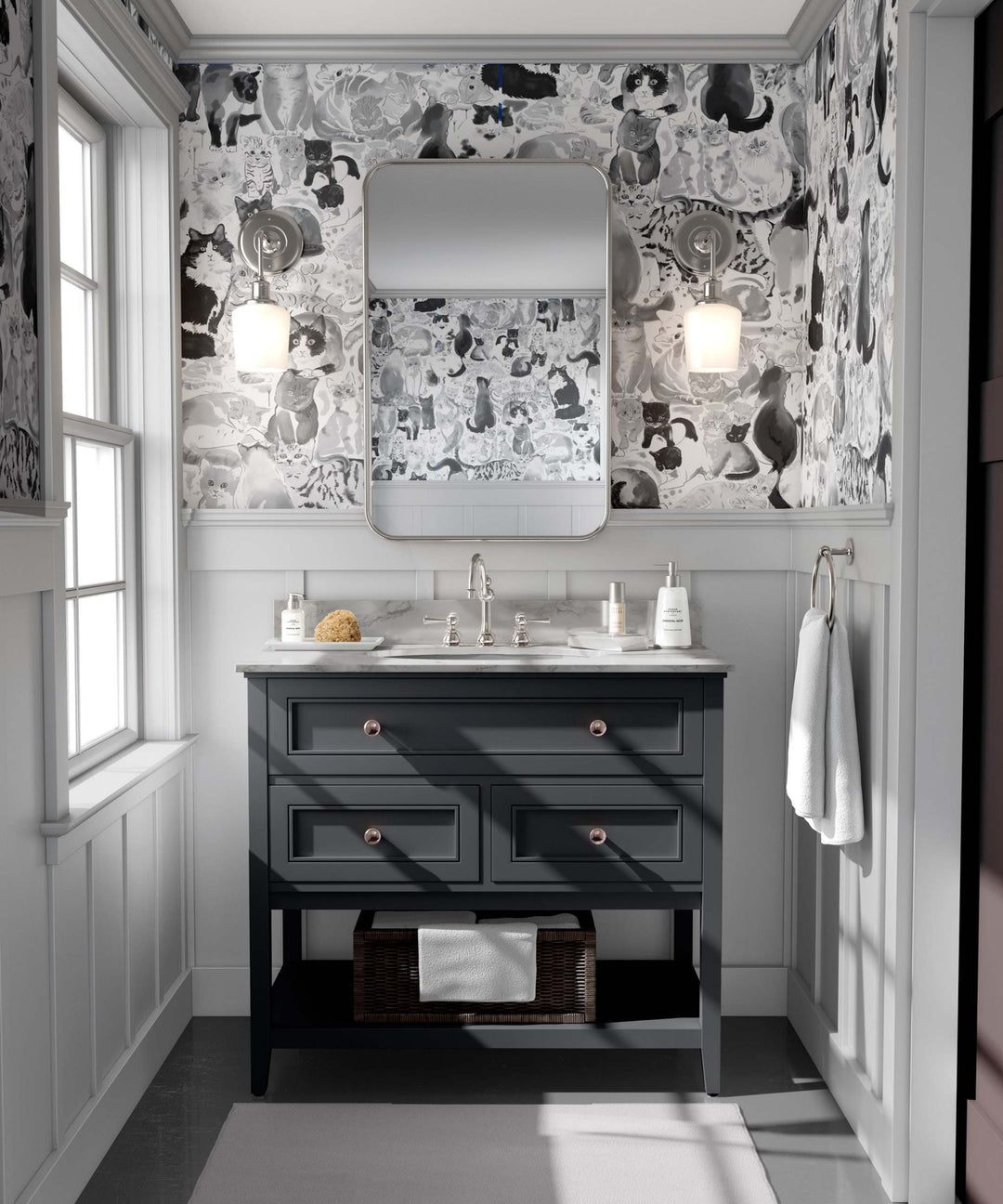 Bathroom with black and white cat wallpaper and dark vanity unit
