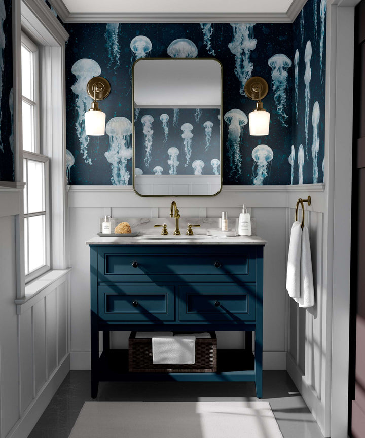 Luxury jellyfish wallpaper in deep blue with ethereal jellyfish designs in a stylish bathroom setting