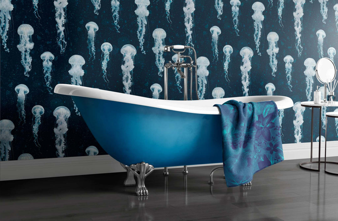 Luxury Jellyfish Wallpaper Kurage Deep Blue with ethereal jellyfish design in stylish bathroom setting