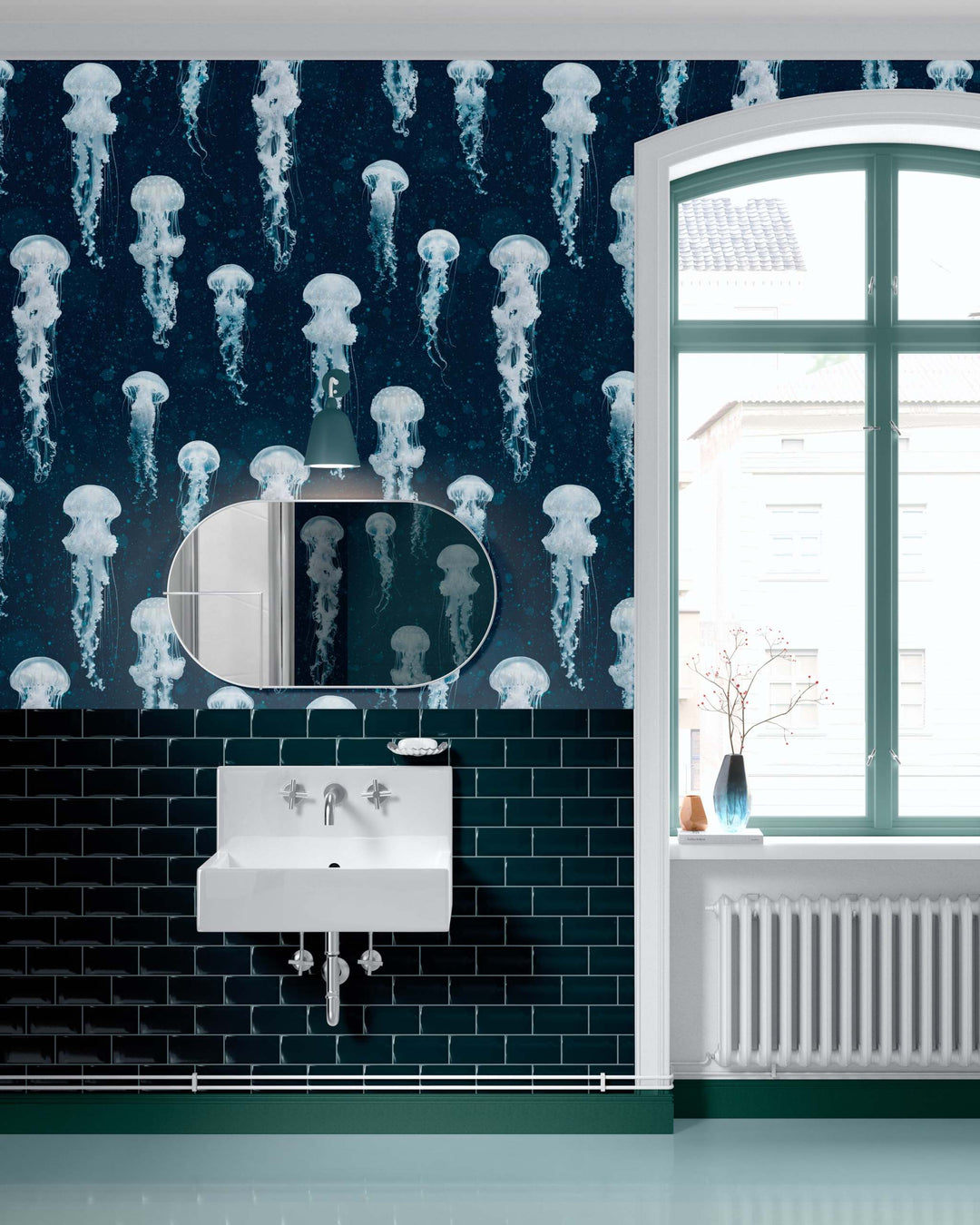 Luxury jellyfish wallpaper in deep blue with ethereal white jellyfish design in a modern bathroom setting