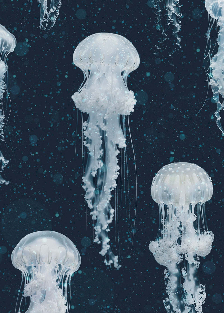 Luxury jellyfish wallpaper featuring detailed white jellyfish on deep blue background with ethereal ocean-inspired design
