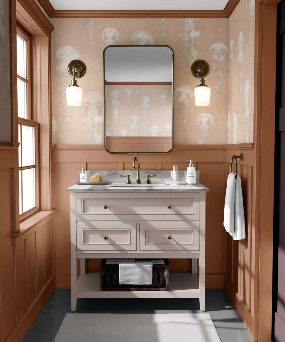 Luxury jellyfish wallpaper Kurage Putty in stylish bathroom with vanity mirror and brass fixtures