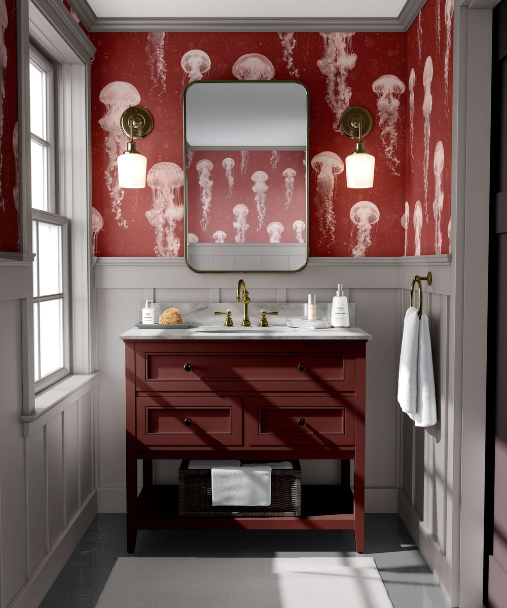 Luxury jellyfish wallpaper in Falu Red with delicate jellyfish design in modern bathroom setting