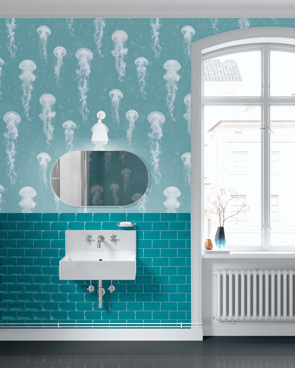 Luxury jellyfish wallpaper in soft teal with detailed jellyfish design, coastal ocean-inspired interior wall decor