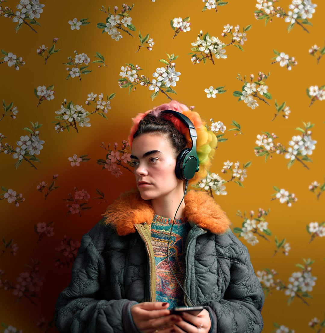 Freda Kahlo wallpaper in Mostaza colourway