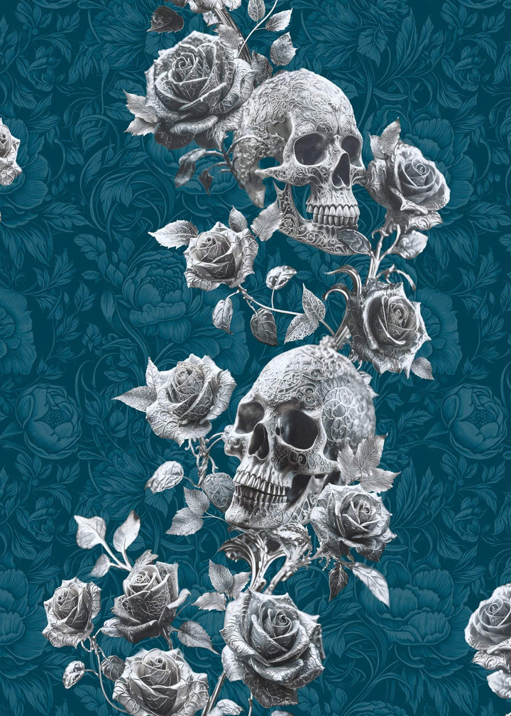 Skull and Roses wallpaper in Blue colourway