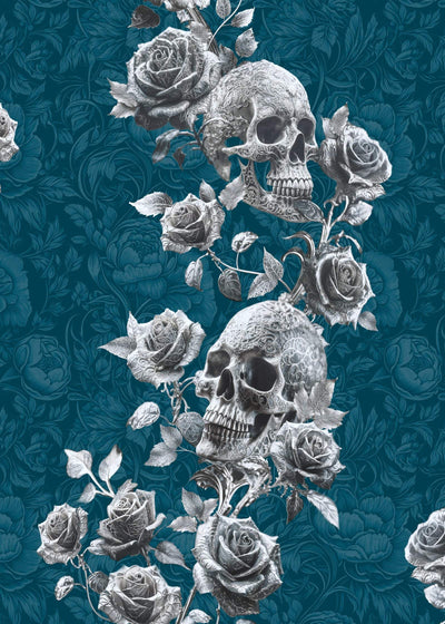 Skull and Roses wallpaper in Blue colourway