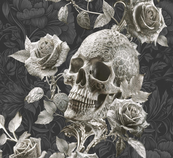 Detailed gothic Skulls and Roses wallpaper in pewter tones with ornate skull and intricate rose patterns on dark background