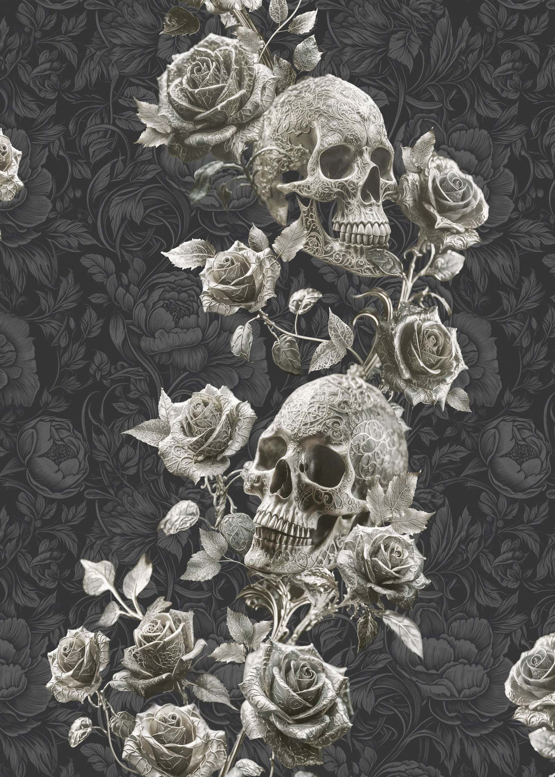 Gothic Skulls and Roses wallpaper with detailed tattoo-style skulls and roses on dark background