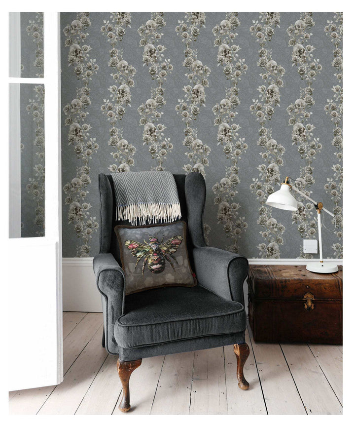 Pewter Skull and Roses wallpaper with a gothic floral pattern in a stylish living room setting
