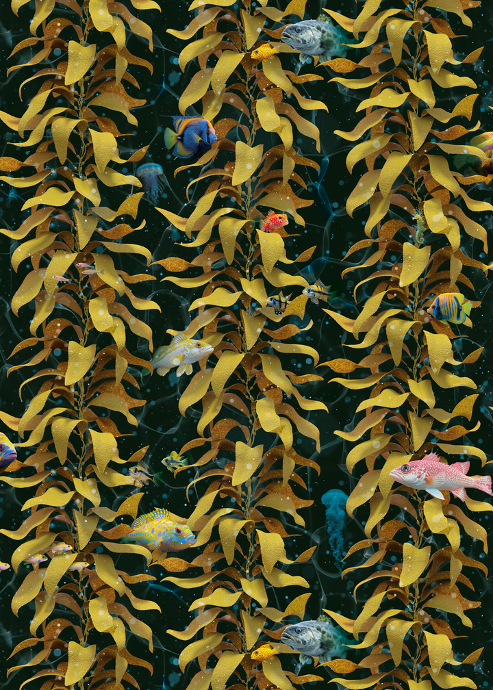 Luxury sea kelp fish wallpaper in mustard colorway with detailed aquatic design
