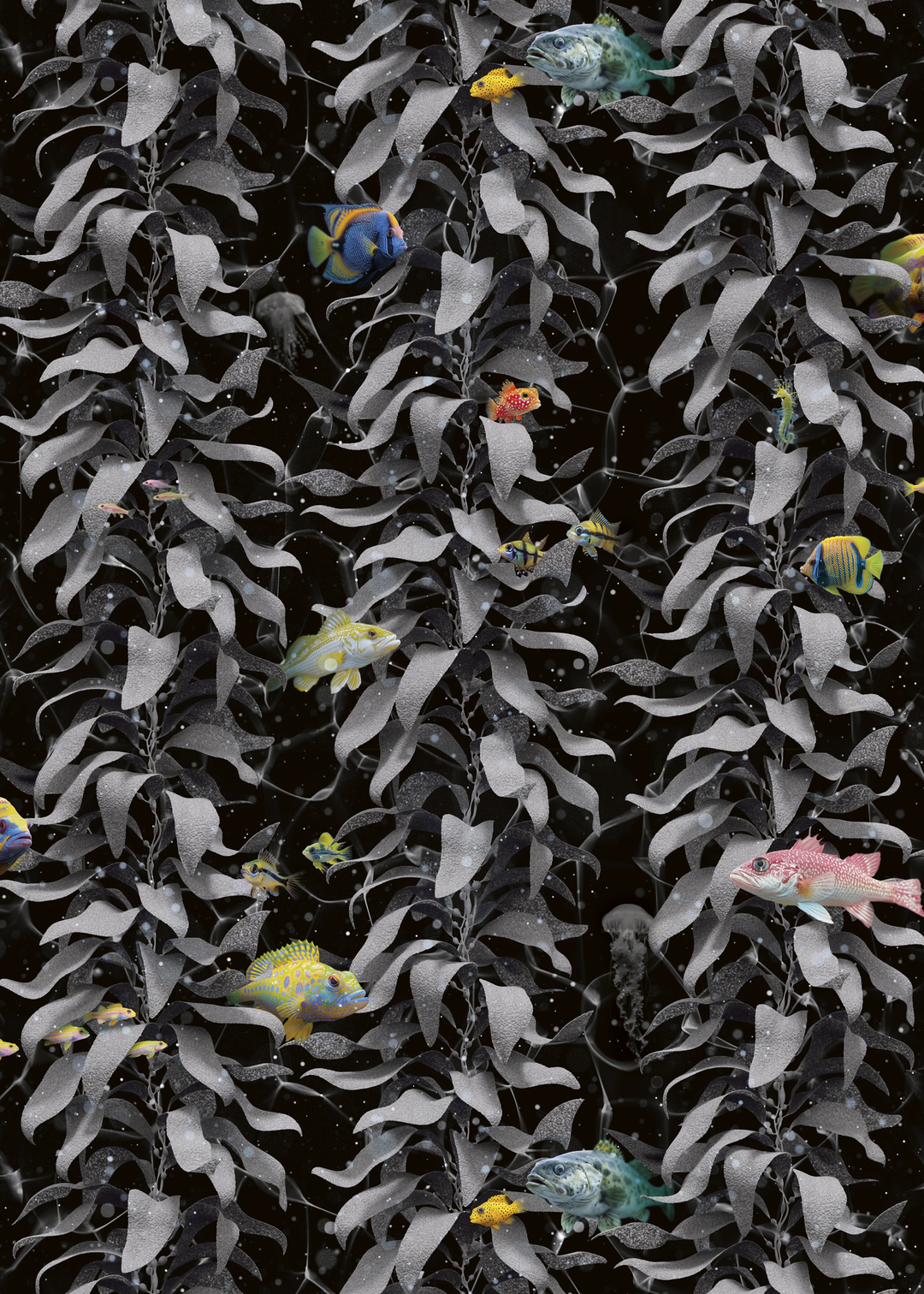 Luxury Sea Kelp Wallpaper with detailed fish and kelp design in deep colorway