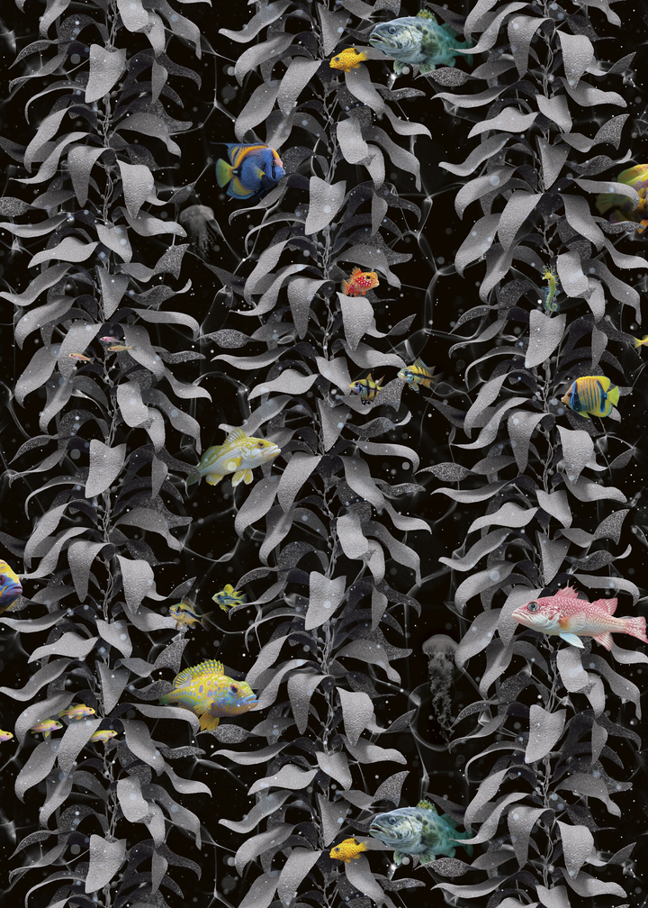 Luxury Sea Kelp Wallpaper with detailed fish and kelp design in deep colorway
