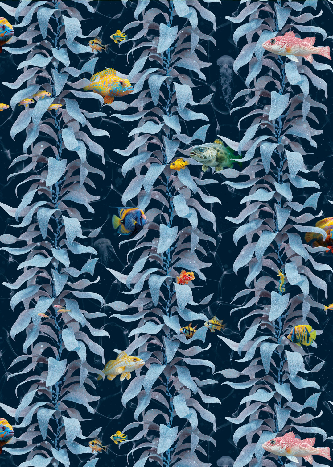 Luxury ocean wallpaper featuring blue sea kelp and vibrant fish pattern