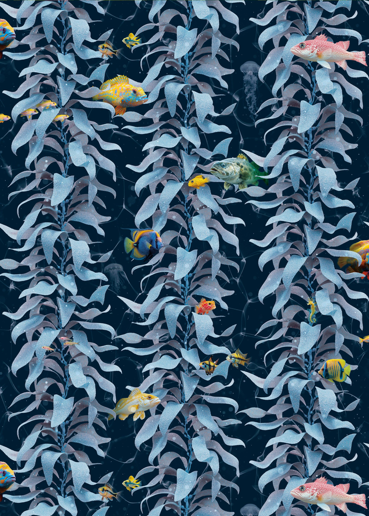 Luxury ocean wallpaper featuring blue sea kelp and vibrant fish pattern