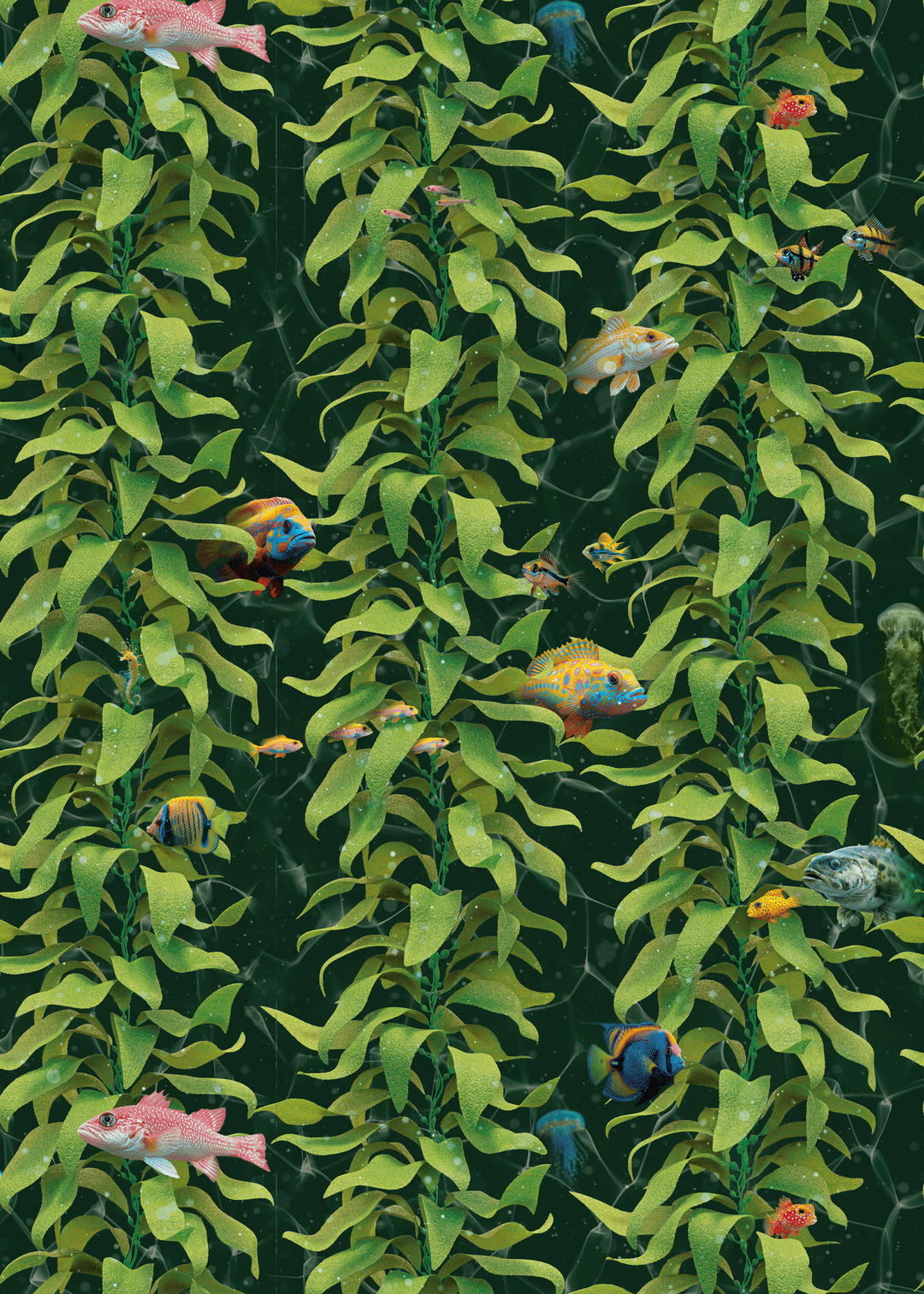 Luxury ocean fish wallpaper with detailed sea kelp and colorful fish in ocean green colorway