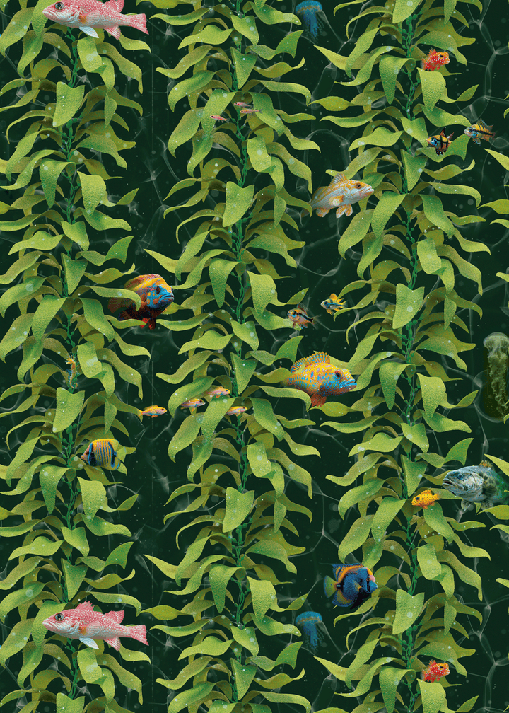 Luxury ocean fish wallpaper with detailed sea kelp and colorful fish in ocean green colorway