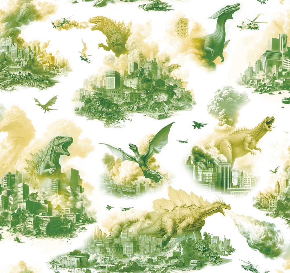 Luxury monster dinosaur wallpaper with green prehistoric monsters and cityscape design