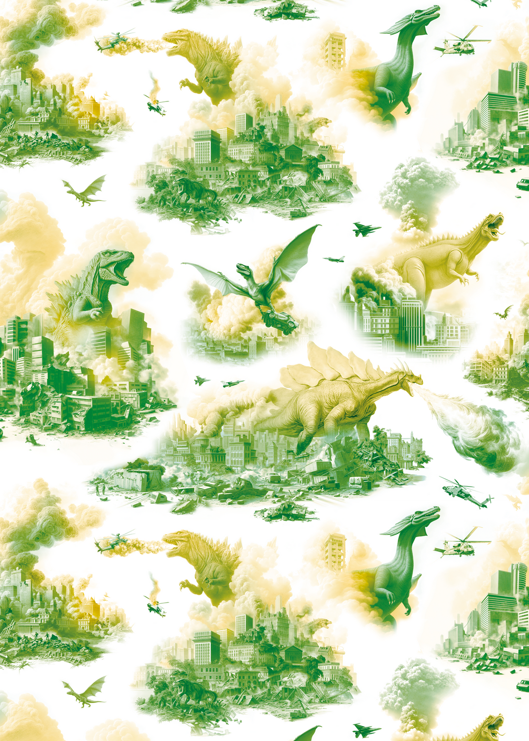 Luxury monster dinosaur themed green and beige Jurassic wallpaper with cityscape and dinosaur illustrations, coated non-woven material, family-friendly and easy-clean design.