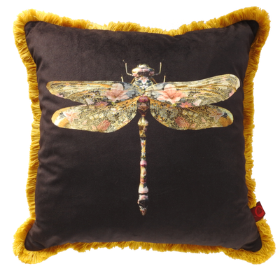 Anisoptera Botanicus polyester velvet fringed cushion with dragonfly design and mustard cotton fringe, 48cm.