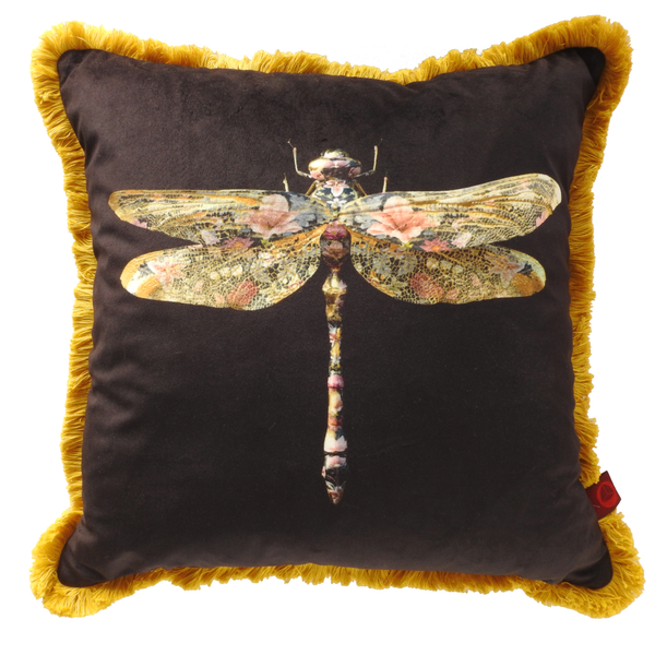 Anisoptera Botanicus polyester velvet fringed cushion with dragonfly design and mustard cotton fringe, 48cm.