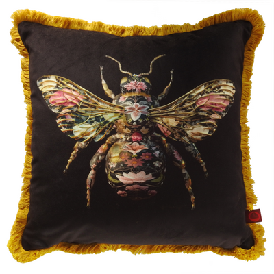 Bombus Botanicus Polyester Velvet Fringed Cushion with floral bee design, mustard fringe, 48cm x 48cm.
