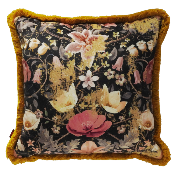 Bombus Botanicus Polyester Velvet Fringed Cushion 48cm x 48cm with floral and bug details, mustard fringe, Insects Noir style.