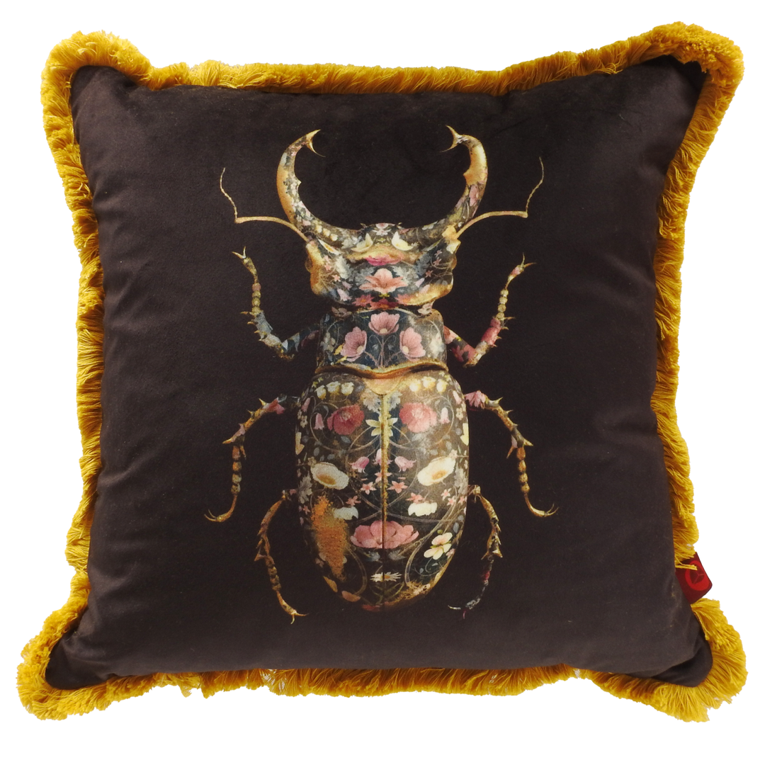 Lucanidae Botanicus cushion with floral insect design on polyester velvet and mustard fringe