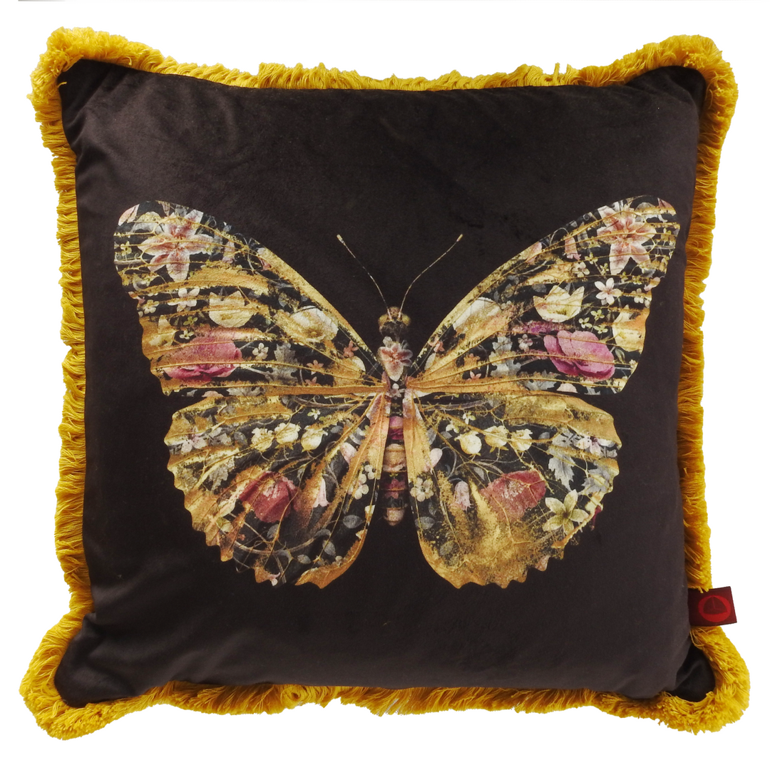 Papilio Botanicus velvet cushion with floral butterfly print and mustard fringe