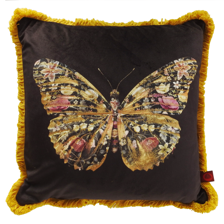 Papilio Botanicus velvet cushion with floral butterfly print and mustard fringe